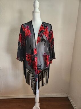 Wrangler Black Sheer Floral Fringe Kimono with Red Roses